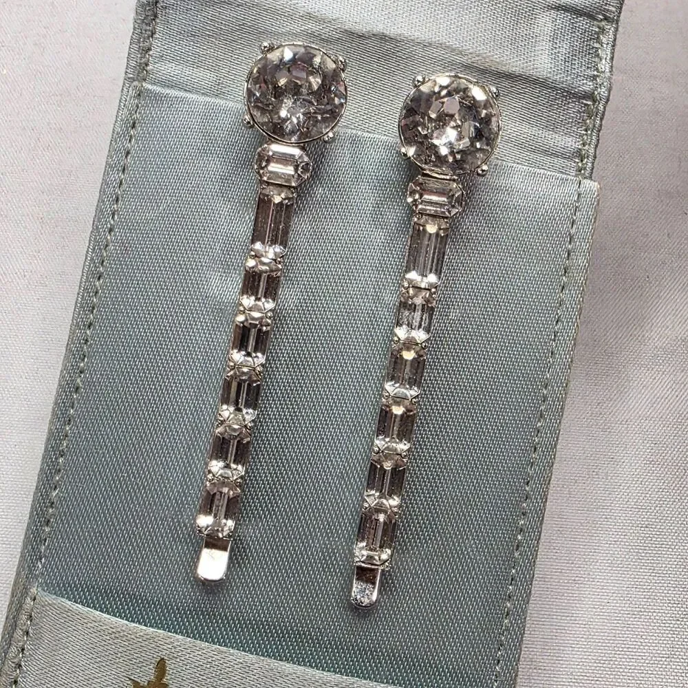 Crown Trifari 1950s Hair Clip Pair Silver Tone Bobby Pins Crystal Rhinestones